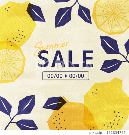 ラフなタッチのレモンの水彩イラストの背景_スクエア_ベージュ 122834733