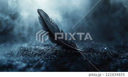 Feather is laying on the ground in front of a dark sky. The image has a moody and mysterious feel to it, as if the feather is a symbol of something deeper or more profound 122834835
