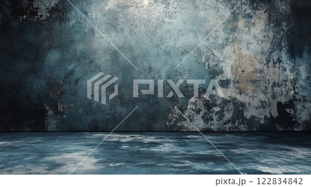 Large, empty room with a blue wall and a grey floor. The room is bare and empty, with no furniture or decorations. The blue wall and grey floor create a cold, sterile atmosphere 122834842