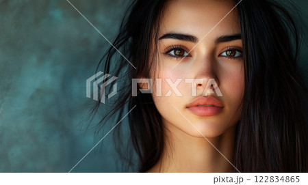 Woman with long dark hair and a red lipstick. She has a serious look on her face 122834865