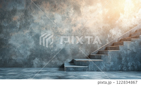 Staircase is shown against a wall with a grey color. The staircase is made of concrete and has a worn appearance. The room is empty and the staircase is the only visible object 122834867