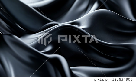 Black fabric with a wave pattern. The fabric is very smooth and shiny. The image has a calm and serene mood 122834909
