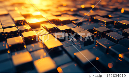 Close up of a pattern of squares with a yellow background. The squares are made of metal and are arranged in a way that creates a sense of depth and texture. Scene is one of modernity 122834910