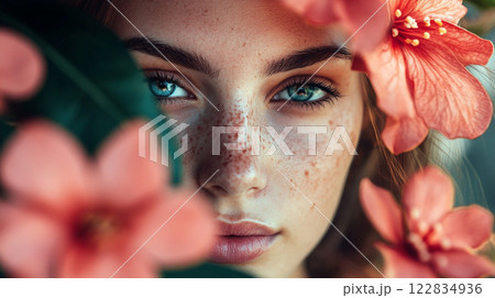 Woman with blue eyes and freckles is surrounded by pink flowers. The flowers are in the background and the woman is the main focus of the image. The image has a soft and romantic mood 122834936