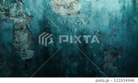 Blue and white wall with a rough texture. The wall is covered in graffiti and has a blue and white color scheme 122834946