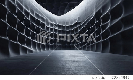 Large, empty room with a black wall and a white ceiling. The room is empty and has a very dark atmosphere Large, empty room with a black wall and a white ceiling. The room is empty and has a very dark atmosphere 122834947