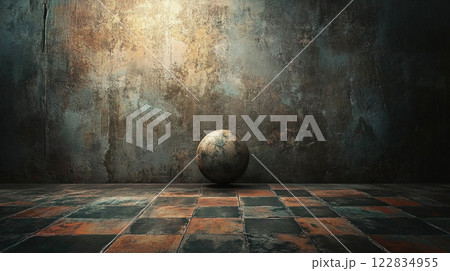 Ball is sitting on a checkered floor in a room with a wall. The room is empty and the ball is the only object in the scene Ball is sitting on a checkered floor in a room with a wall. The room is empty and the ball is the only object in the scene 122834955