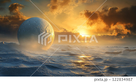 Large, white sphere is floating in the ocean, surrounded by a beautiful sunset. The sky is filled with clouds, creating a serene and peaceful atmosphere. The ball appears to be covered in ice 122834987