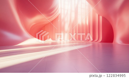 Pink room with a white floor and pink walls. The room is very open and has a lot of light coming in from the windows. The room is very spacious and has a very modern feel to it 122834995