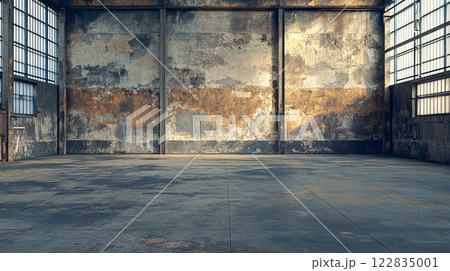 Large, empty room with a wall that has a brown stripe. The room is very bare and empty 122835001
