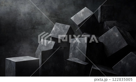 Pile of black cubes with a dark background. The cubes are stacked on top of each other, creating a sense of depth and dimension. The image evokes a feeling of mystery and intrigue Pile of black cubes with a dark background. The cubes are stacked on top of each other, creating a sense of depth and dimension. The image evokes a feeling of mystery and intrigue 122835005