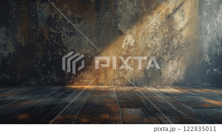 Large, empty room with a wooden floor and a wall with a lot of cracks. The room is dimly lit, with a single light shining on the floor. Scene is somber and lonely Large, empty room with a wooden floor and a wall with a lot of cracks. The room is dimly lit, with a single light shining on the floor. Scene is somber and lonely 122835011