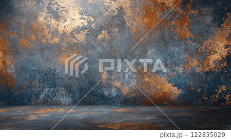 Wall with a lot of texture and a blue background. The wall is covered in a lot of different colors and textures, giving it a very interesting and unique appearance. Scene is one of creativity 122835029