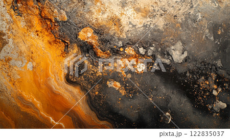 Painting of a black and orange swirl with a lot of texture. The painting has a lot of texture and is very colorful 122835037