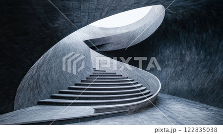 Spiral staircase is shown in a dark room. The staircase is made of stone and is very tall. The staircase is very narrow and has a very dark color Spiral staircase is shown in a dark room. The staircase is made of stone and is very tall. The staircase is very narrow and has a very dark color 122835038