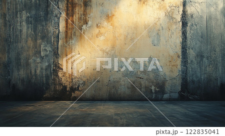 Large, empty room with a wall that is covered in graffiti. The wall is covered in a variety of colors and patterns, giving the room a somewhat chaotic and edgy feel 122835041