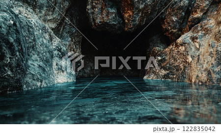 Cave with a small pool of water inside. The water is blue and the cave is dark 122835042