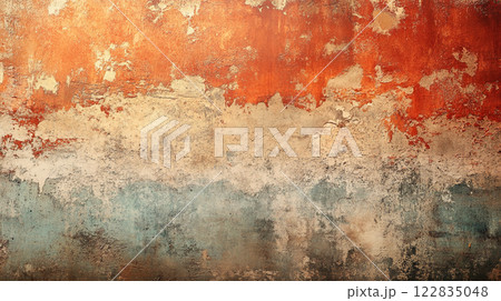 Wall with a red, orange and blue stripe. The wall is covered in graffiti and has a rough texture Wall with a red, orange and blue stripe. The wall is covered in graffiti and has a rough texture 122835048