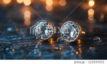 Two diamond earrings are sitting on a wet surface. The earrings are shiny and sparkly, reflecting the light from the surrounding area. The wet surface adds a sense of depth and dimension to the image 122835052