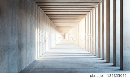 Long, empty hallway with white pillars. The pillars are tall and spaced evenly apart. The hallway is very long and seems to go on forever 122835053