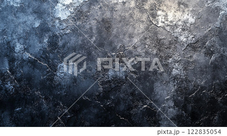 Grey and blue wall with a lot of texture. The wall is covered in a lot of cracks and has a rough surface 122835054