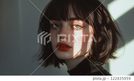 Woman with short hair and red lipstick is standing in front of a white wall. The image has a bold and confident mood, with the woman's striking features 122835059