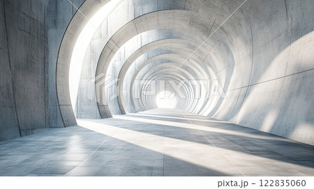 Long, narrow tunnel with a bright light shining through it. The tunnel is made of concrete and he is empty 122835060
