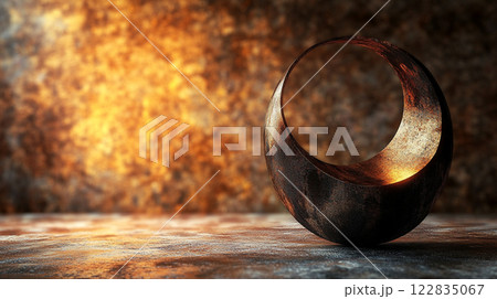 Large, round object sits on a table. The object is made of metal and has a unique, circular shape. The table is surrounded by a wall, and the room has a warm, orange glow 122835067