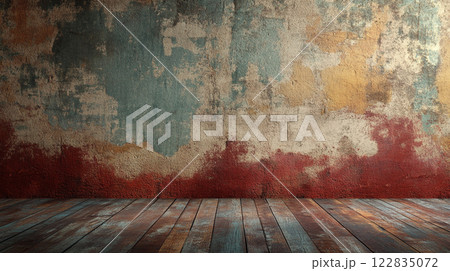 Wall with a red and blue paint splatter. The wall is empty and has a wooden floor 122835072