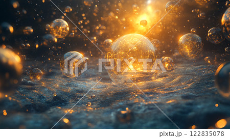 Collection of glowing orbs floating in a body of water. The orbs are of various sizes and colors, creating a sense of depth and movement. The scene evokes a feeling of wonder and curiosity Collection of glowing orbs floating in a body of water. The orbs are of various sizes and colors, creating a sense of depth and movement. The scene evokes a feeling of wonder and curiosity 122835078