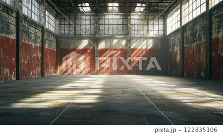 Large, empty warehouse with red and white walls. The space is dimly lit, with only a few windows letting in some light. The emptiness of the space gives off a feeling of loneliness and isolation Large, empty warehouse with red and white walls. The space is dimly lit, with only a few windows letting in some light. The emptiness of the space gives off a feeling of loneliness and isolation 122835106