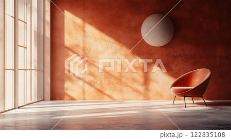 Room with a red wall and a chair in the middle. The chair is orange and is placed in front of a window. The room is empty and has a minimalist feel to it 122835108
