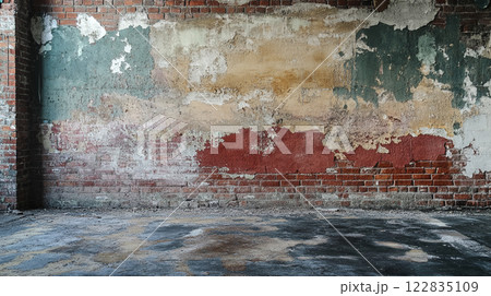 Brick wall with a large hole in it. The wall is covered in graffiti and has a lot of dirt on it 122835109