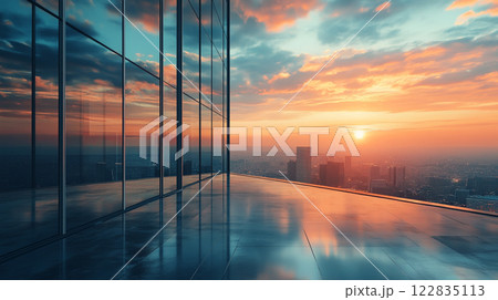City skyline with a beautiful sunset in the background. The sky is filled with clouds, and the sun is setting, casting a warm glow over the city. The reflection of the buildings 122835113