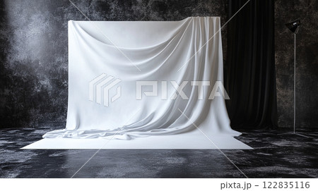 White curtain hangs in front of a black wall. The curtain is draped over a white wall, creating a sense of emptiness and loneliness. The black wall and white curtain create a stark contrast White curtain hangs in front of a black wall. The curtain is draped over a white wall, creating a sense of emptiness and loneliness. The black wall and white curtain create a stark contrast 122835116