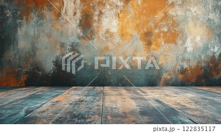 Wall with a lot of paint splatters and a wooden floor. Scene is somewhat chaotic and messy 122835117