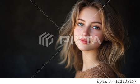 Woman with long brown hair and blue eyes is smiling at the camera. She is wearing a brown sweater and is standing in front of a dark background Woman with long brown hair and blue eyes is smiling at the camera. She is wearing a brown sweater and is standing in front of a dark background 122835157