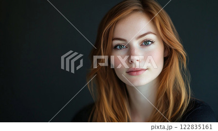 Woman with red hair and blue eyes is smiling at the camera. She has a natural beauty and a friendly demeanor Woman with red hair and blue eyes is smiling at the camera. She has a natural beauty and a friendly demeanor 122835161