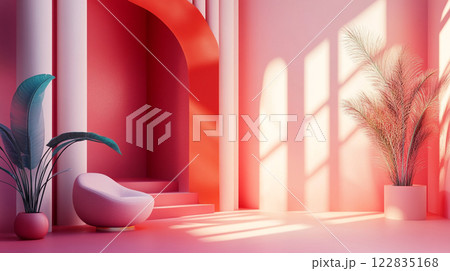 The room is decorated in a pink and white color scheme, with a white chair placed in the middle of the room. The walls are painted in a bright pink hue, creating a warm and inviting atmosphere 122835168