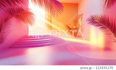 Room with pink walls and a pink ceiling. There is a staircase in the room. The room is decorated with palm trees and a plant. The room is lit by sunlight 122835170