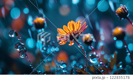 Close up of a flower with raindrops on it. The flower is surrounded by other flowers and the raindrops create a sense of movement and life 122835178