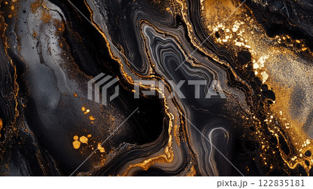 Black and gold swirl pattern with gold specks. The gold specks are scattered throughout the black background Black and gold swirl pattern with gold specks. The gold specks are scattered throughout the black background 122835181