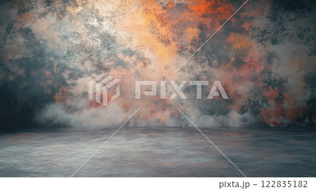 Large, empty room with a wall covered in paint splatters and a cloud of smoke in the background Large, empty room with a wall covered in paint splatters and a cloud of smoke in the background 122835182