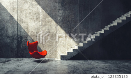 Red chair is sitting in front of a wall with a staircase. The chair is the only piece of furniture in the room. The room is empty and has a minimalist feel to it 122835186