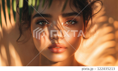 Woman with brown hair and brown eyes is wearing makeup. She is standing in front of a palm tree Woman with brown hair and brown eyes is wearing makeup. She is standing in front of a palm tree 122835213