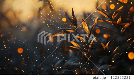 Blurry image of a leafy plant with a lot of light shining on it. The light creates a sense of movement and energy, making the image feel dynamic and lively Blurry image of a leafy plant with a lot of light shining on it. The light creates a sense of movement and energy, making the image feel dynamic and lively 122835221