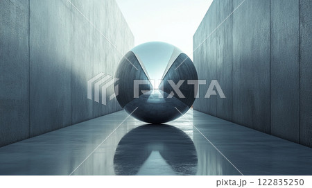 Large sphere is floating in a long, narrow hallway. The reflection of the sphere can be seen in the water. The scene is serene and peaceful, with the sphere appearing to be floating effortlessly Large sphere is floating in a long, narrow hallway. The reflection of the sphere can be seen in the water. The scene is serene and peaceful, with the sphere appearing to be floating effortlessly 122835250