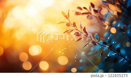Leafy branch with a bright orange and blue background. The leaves are covered in a light mist 122835273
