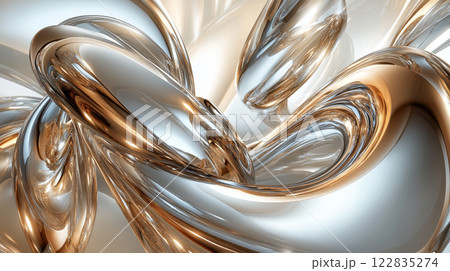 Silver and gold abstract painting with a lot of curves and swirls. The painting is very shiny and looks like it is made of metal 122835274