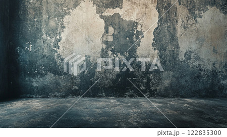 Large, empty room with a wall covered in graffiti. The wall is covered in a variety of colors and patterns, giving it a chaotic and urban feel. The room is stark and empty Large, empty room with a wall covered in graffiti. The wall is covered in a variety of colors and patterns, giving it a chaotic and urban feel. The room is stark and empty 122835300